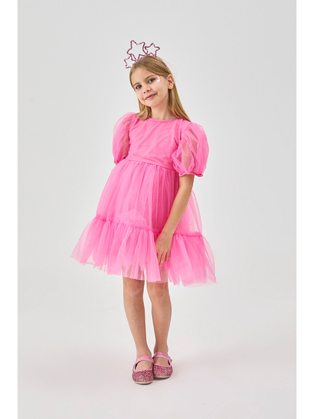 Pembe Eteği Fırfırlı Kemerli Kız Çocuk Tül Elbise - Casey-1