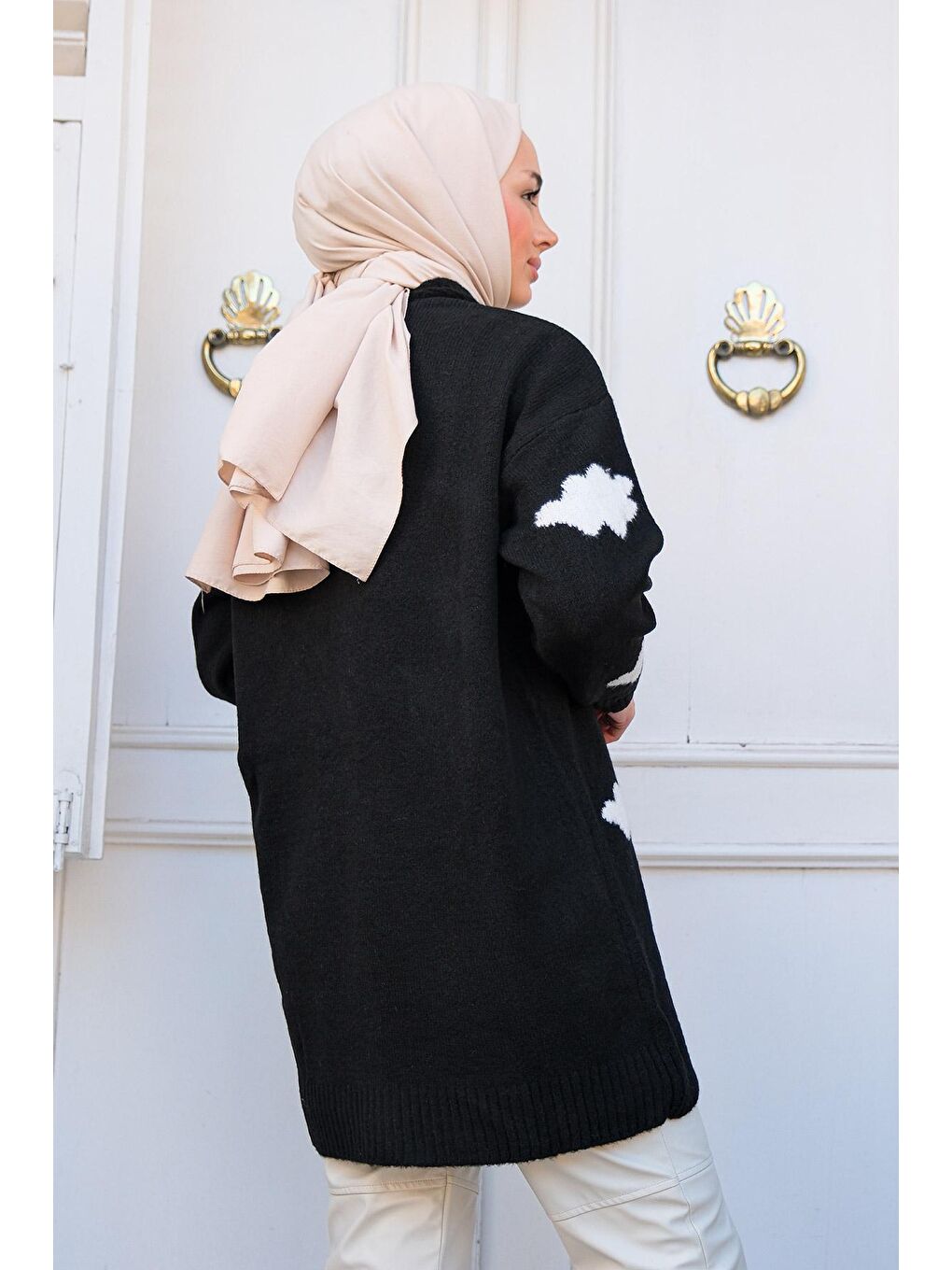 Kadın Bulut Desenli Triko Hırka Siyah-3