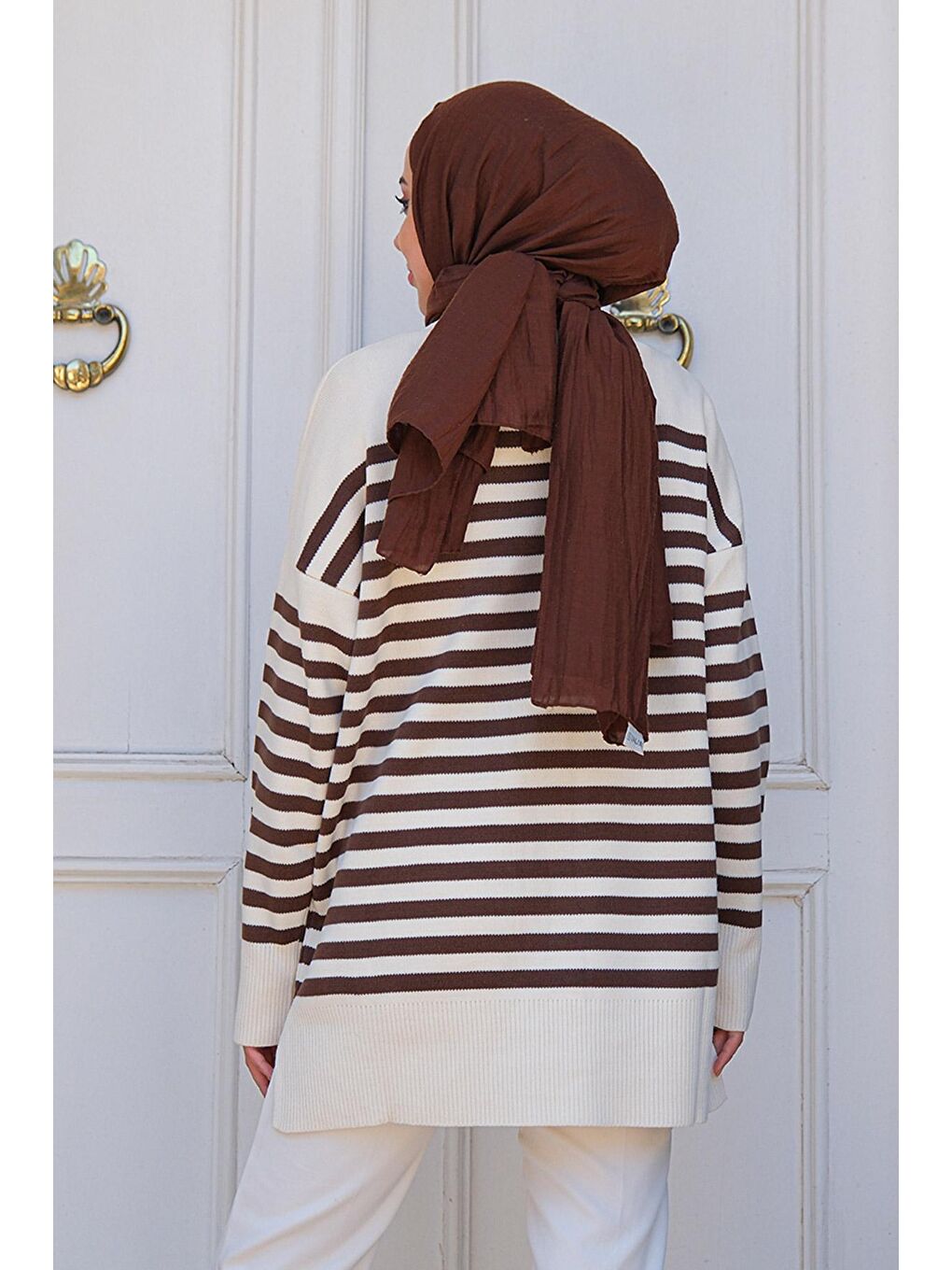 Kahverengi Kadın Çizgili Triko Tesettür Kazak Kahve-4