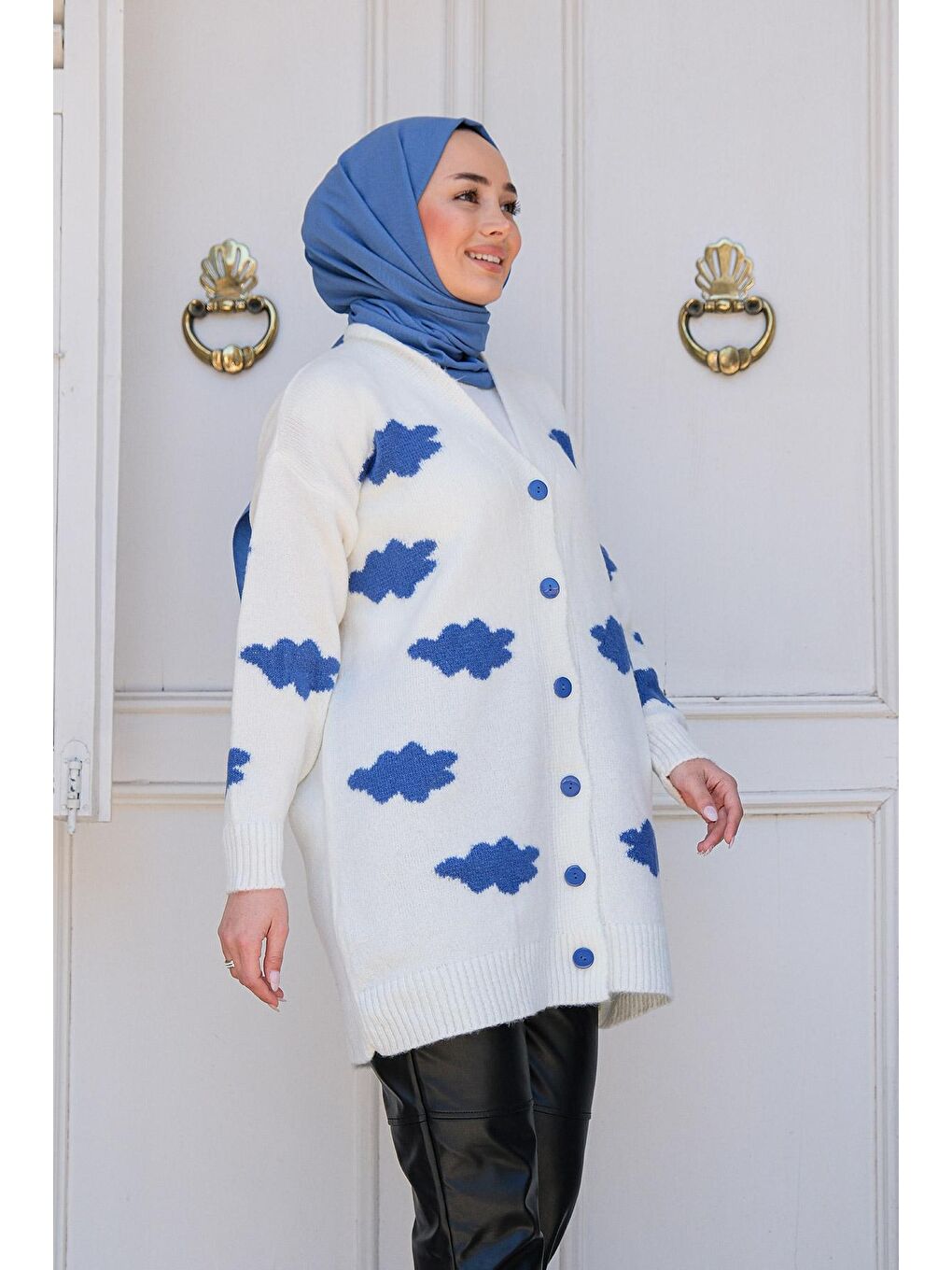 Kadın Bulut Desenli Triko Hırka Beyaz-4