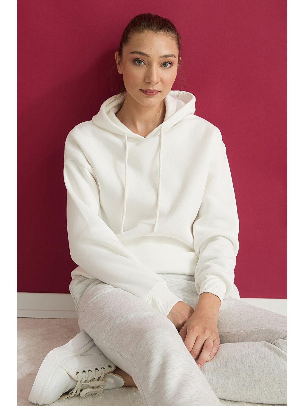 Ekru 3 İplik Basic Oversize Kapüşonlu Sweatshirt