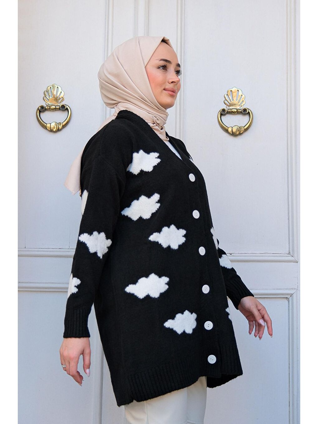 Kadın Bulut Desenli Triko Hırka Siyah-4