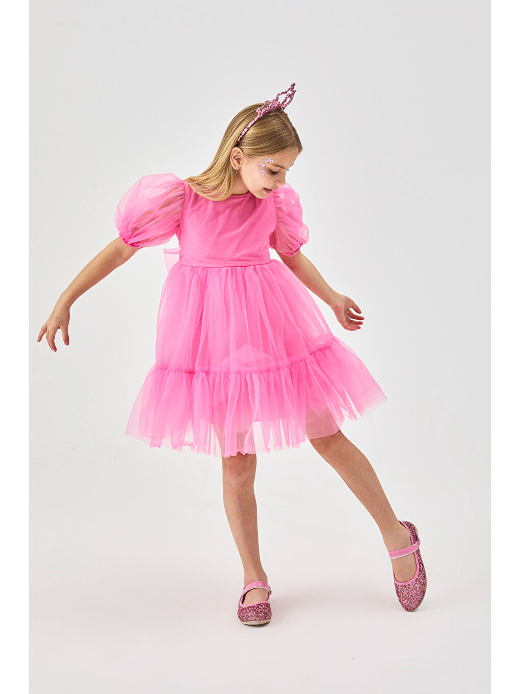 Pembe Eteği Fırfırlı Kemerli Kız Çocuk Tül Elbise - Casey-2