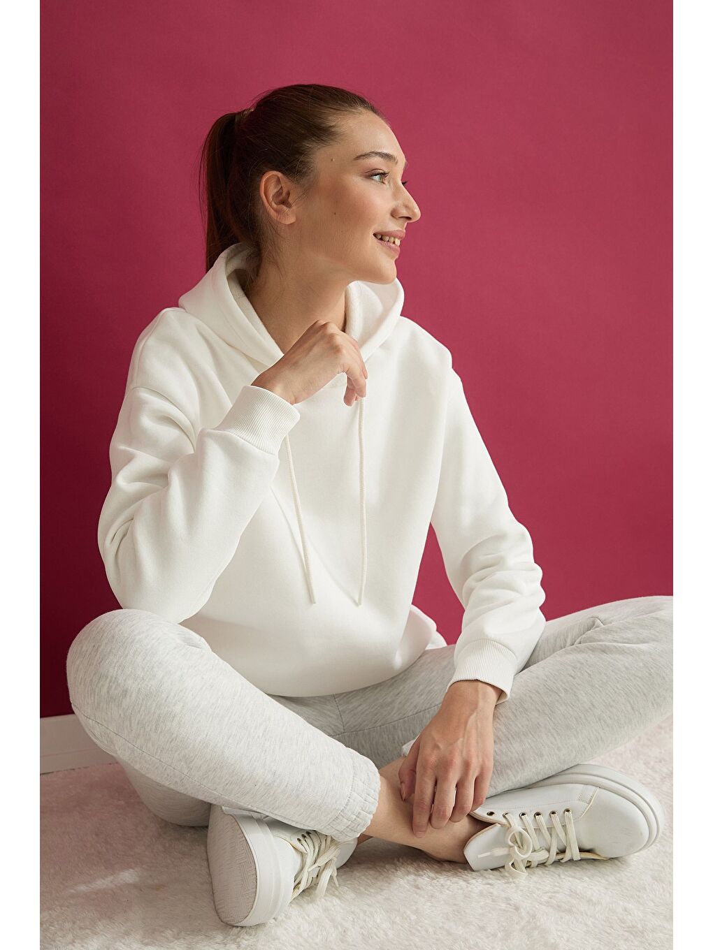 Ekru 3 İplik Basic Oversize Kapüşonlu Sweatshirt-1