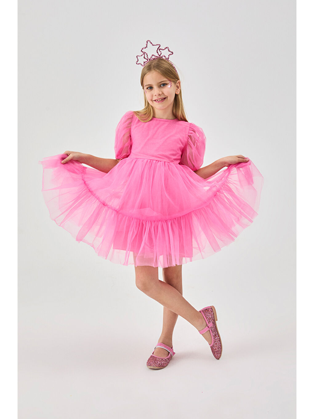 Pembe Eteği Fırfırlı Kemerli Kız Çocuk Tül Elbise - Casey-3