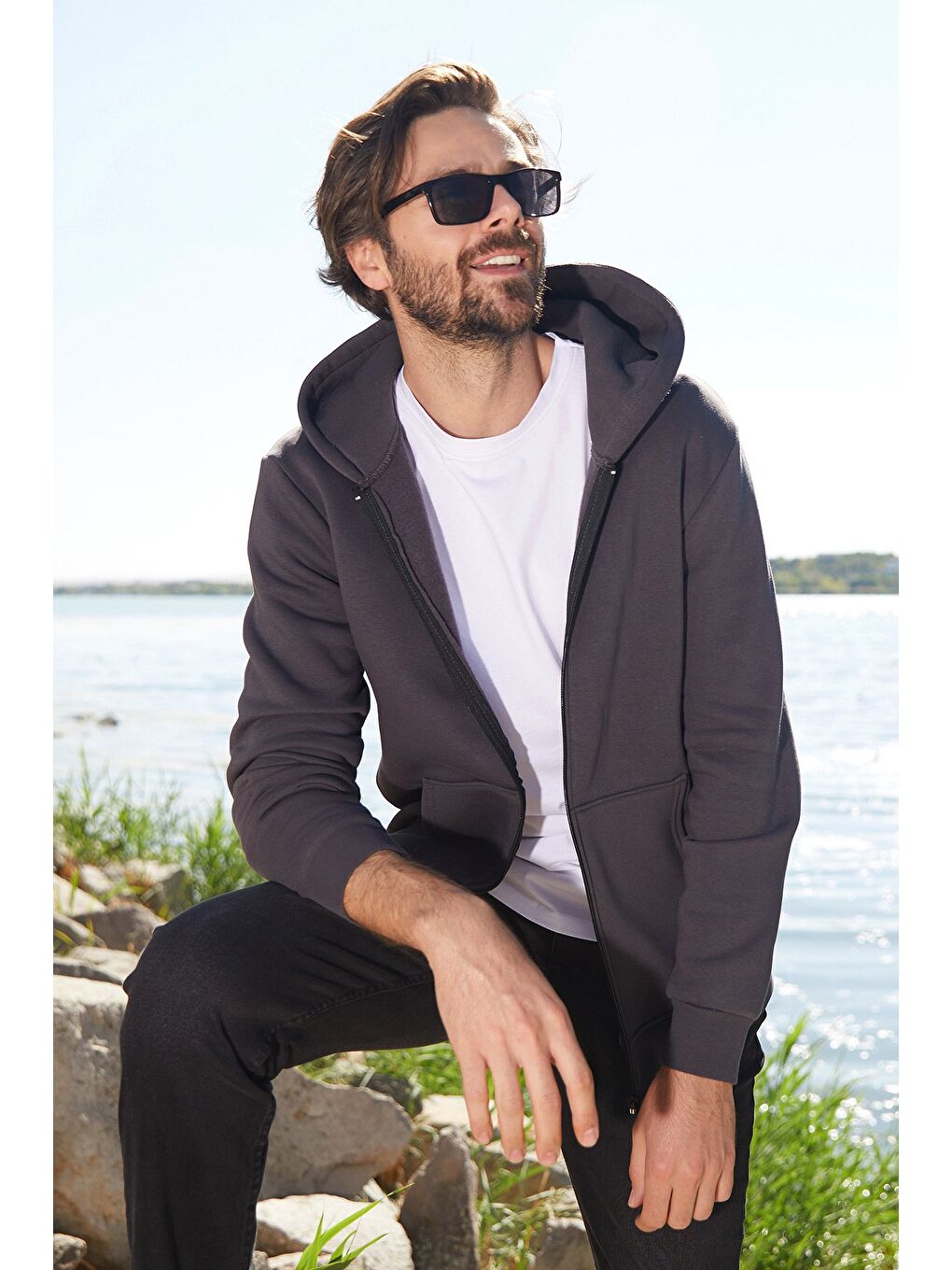 Gri 3 İplik Fermuarlı Kanguru Cepli Sweatshirt