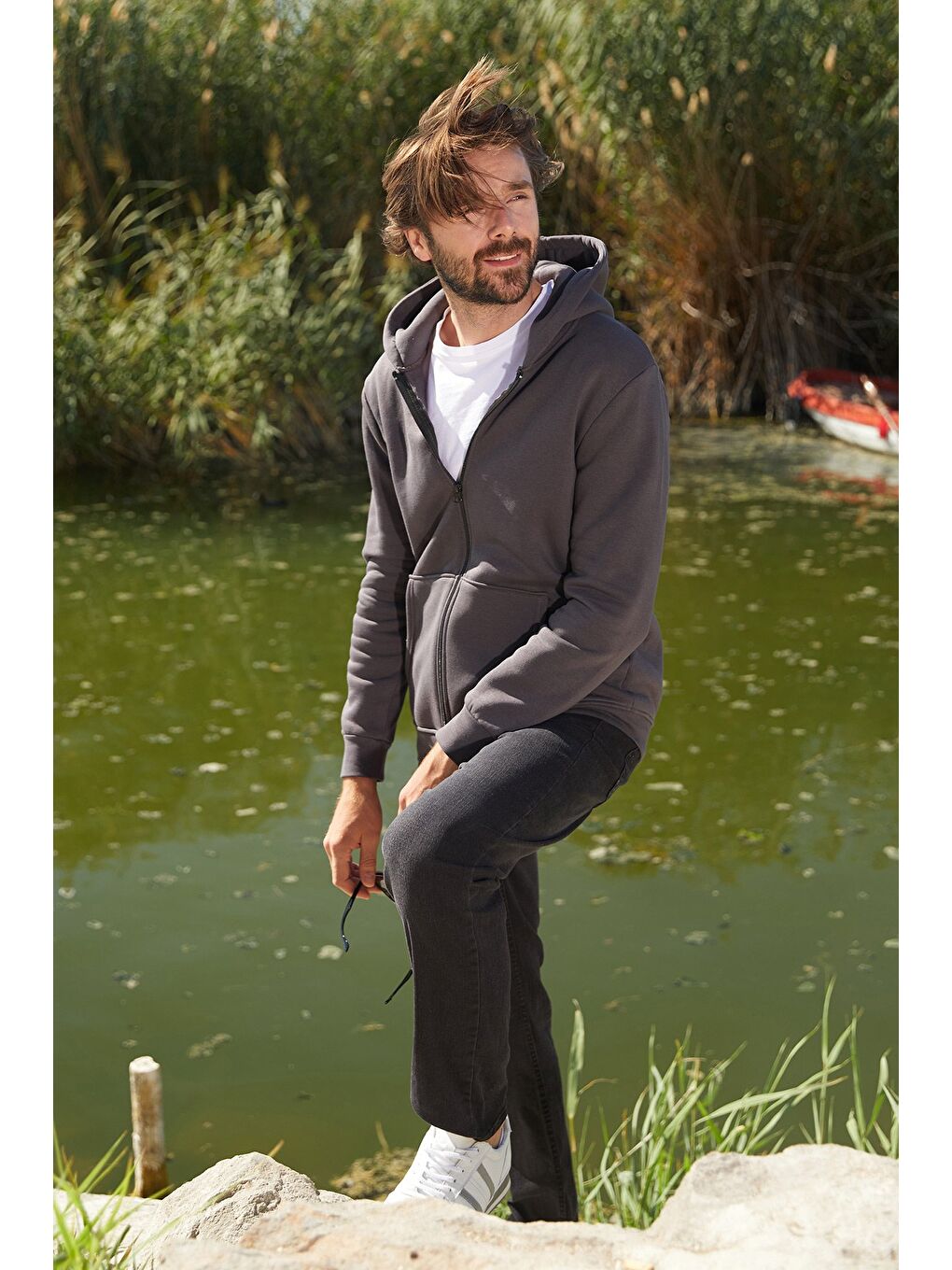 Gri 3 İplik Fermuarlı Kanguru Cepli Sweatshirt-1