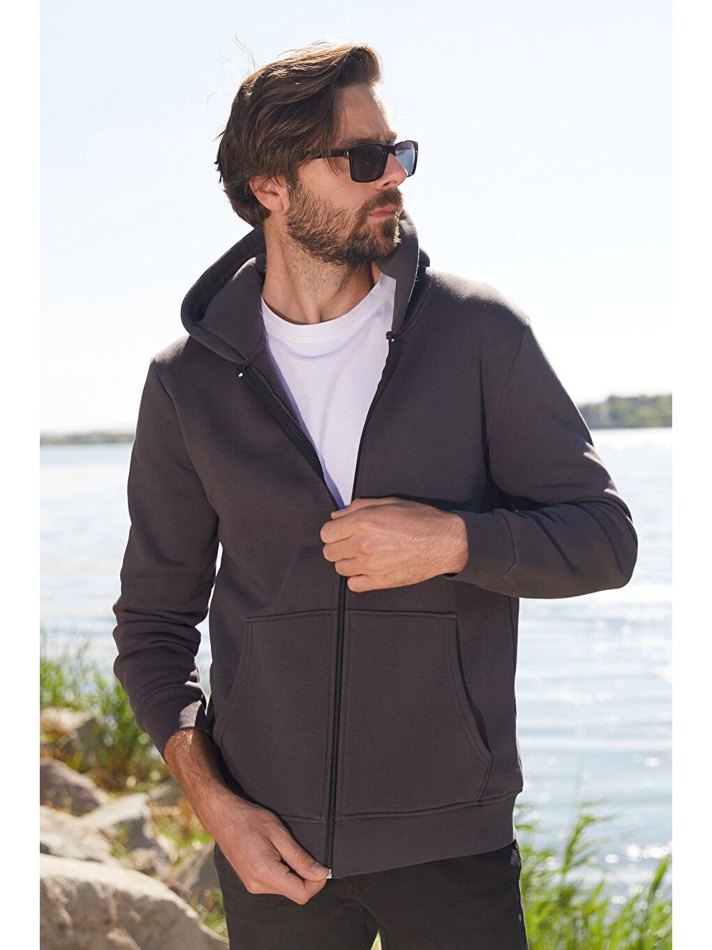 Gri 3 İplik Fermuarlı Kanguru Cepli Sweatshirt-2