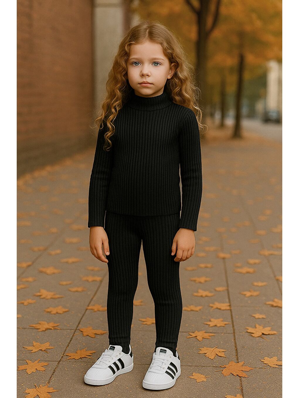Siyah Fitilli Elastanlı Yarım Balıkçı Yaka Kız Çocuk Taytlı Takım
