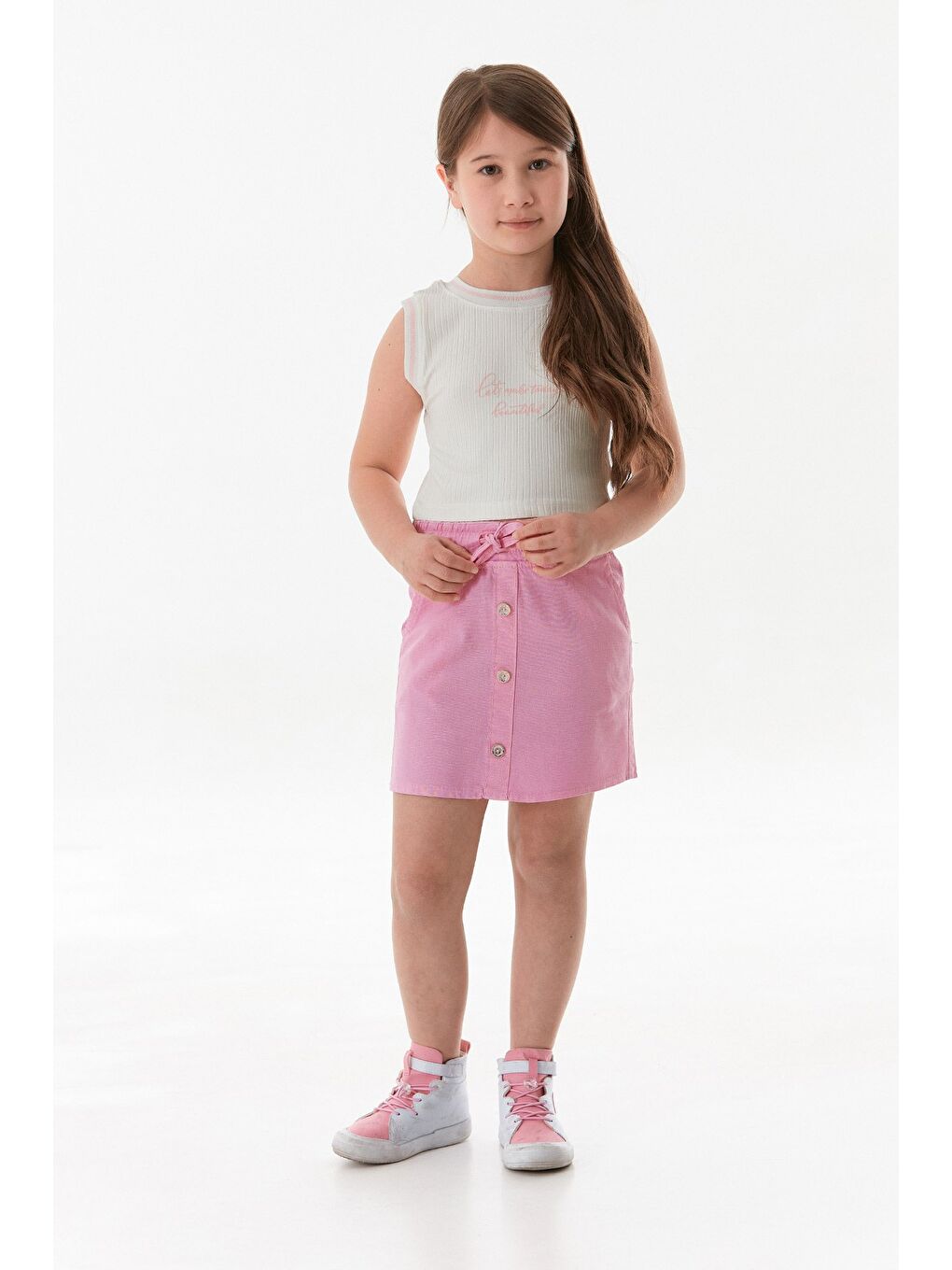 Pembe Beli Bağlamalı Düğmeli Kız Çocuk Etek