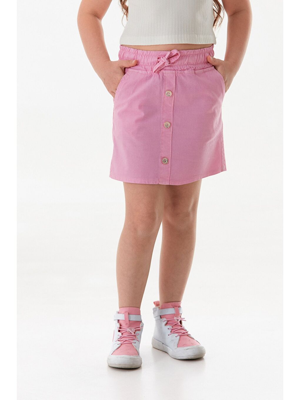 Pembe Beli Bağlamalı Düğmeli Kız Çocuk Etek-1