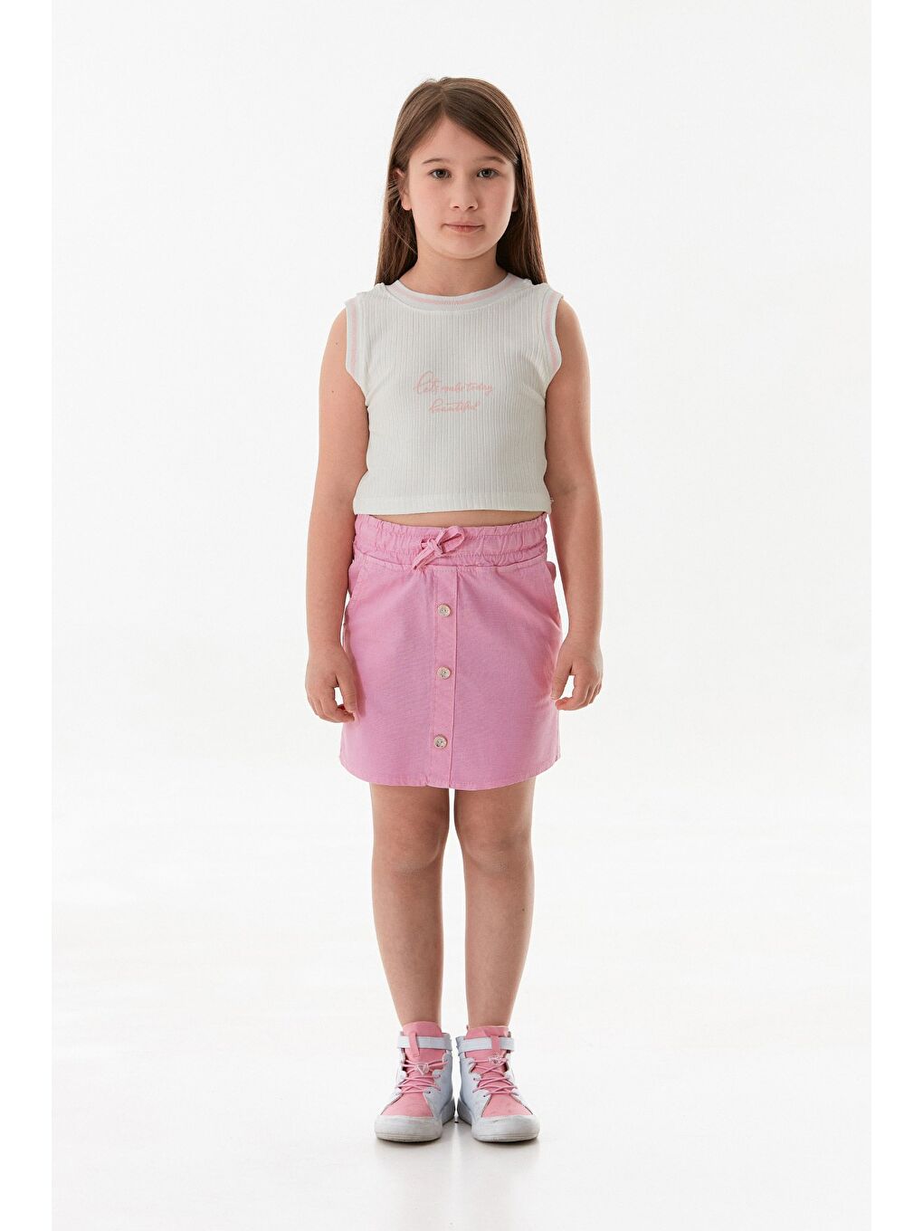 Pembe Beli Bağlamalı Düğmeli Kız Çocuk Etek-2