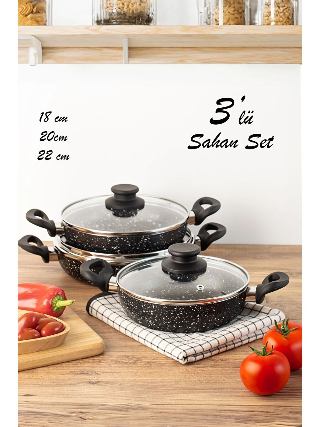 Siyah 3 lü Granit Sahan Seti - 6 Parça Cam Kapaklı Çift Kulplu Omlet Sahan Takımı