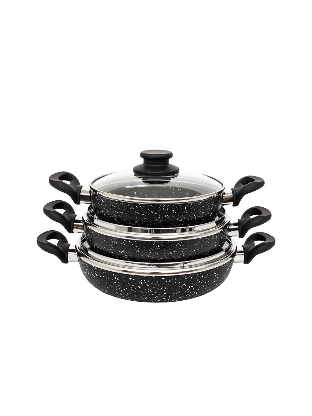 Siyah 3 lü Granit Sahan Seti - 6 Parça Cam Kapaklı Çift Kulplu Omlet Sahan Takımı-1