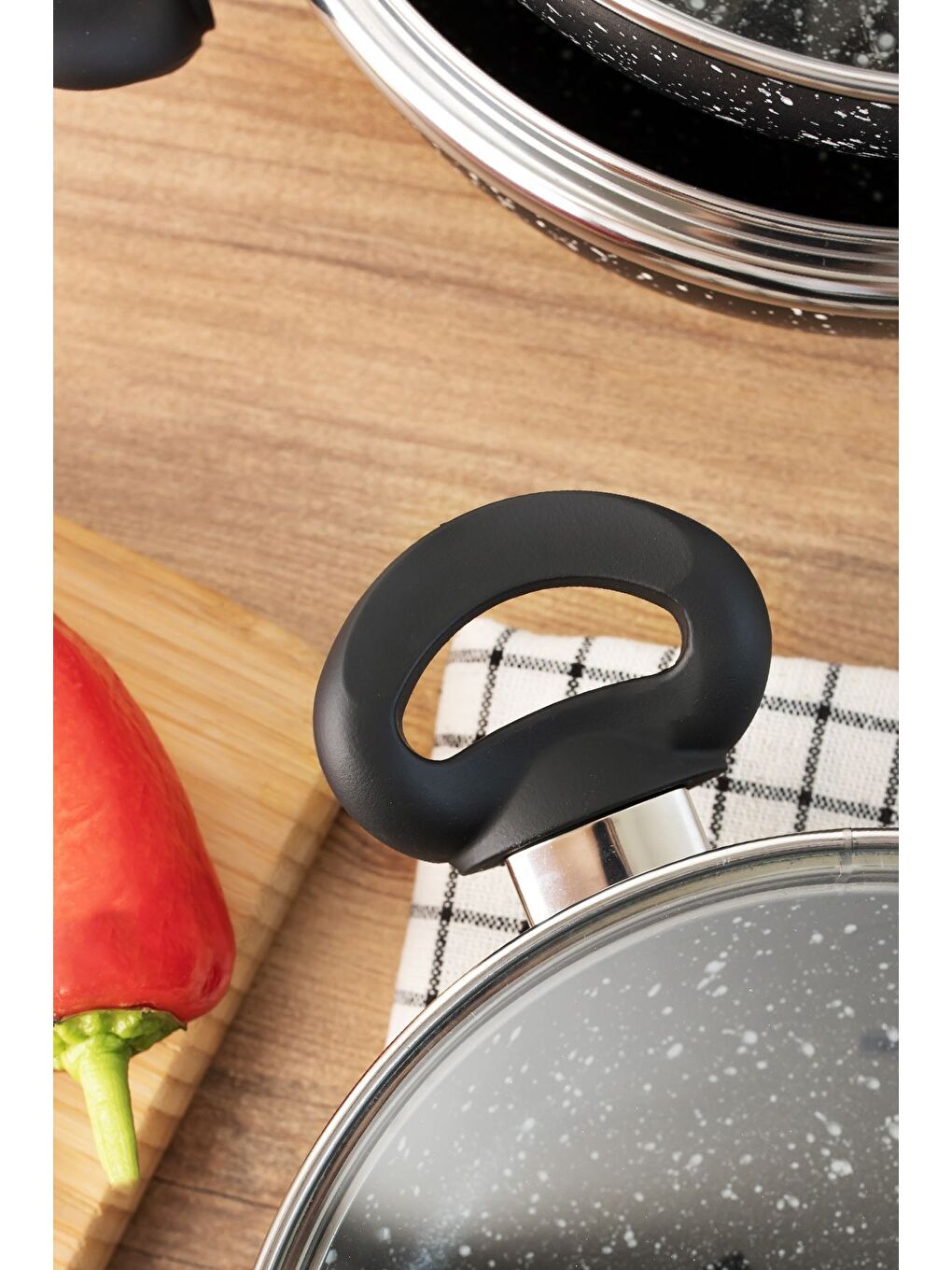 Siyah 3 lü Granit Sahan Seti - 6 Parça Cam Kapaklı Çift Kulplu Omlet Sahan Takımı-2