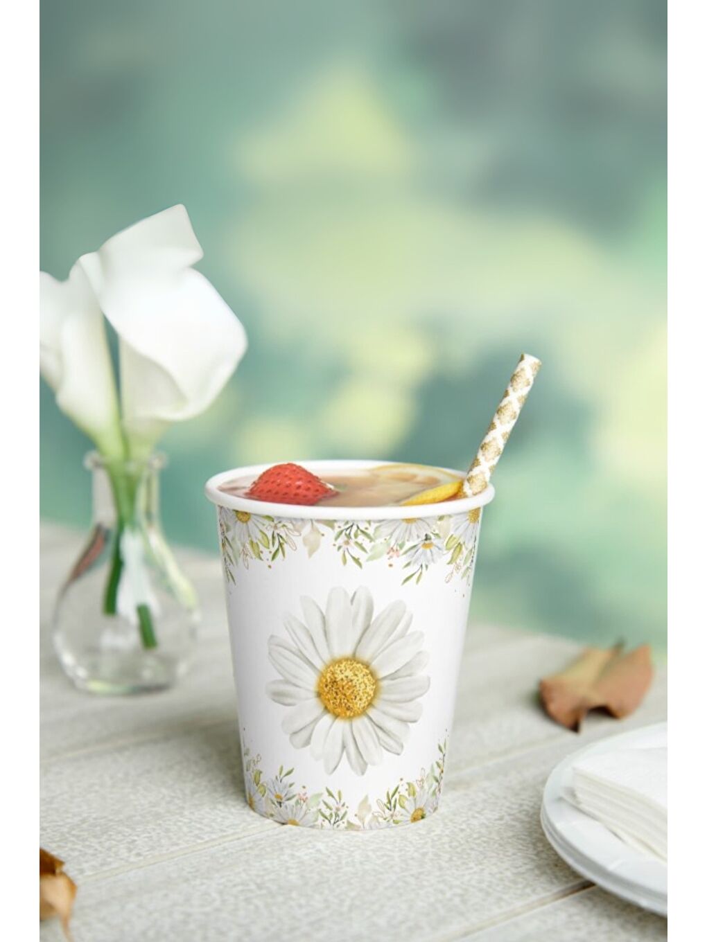 Beyaz Papatya Temalı 8'li Tabak Bardak Set-2