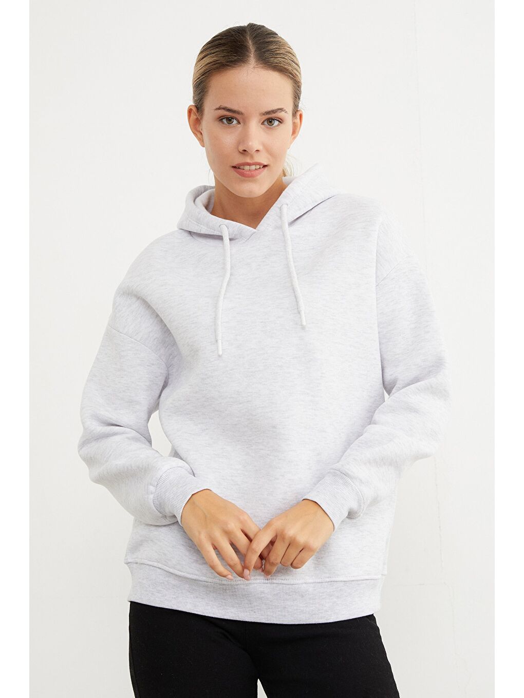 Gri 3 İplik Basic Oversize Kapüşonlu Sweatshirt