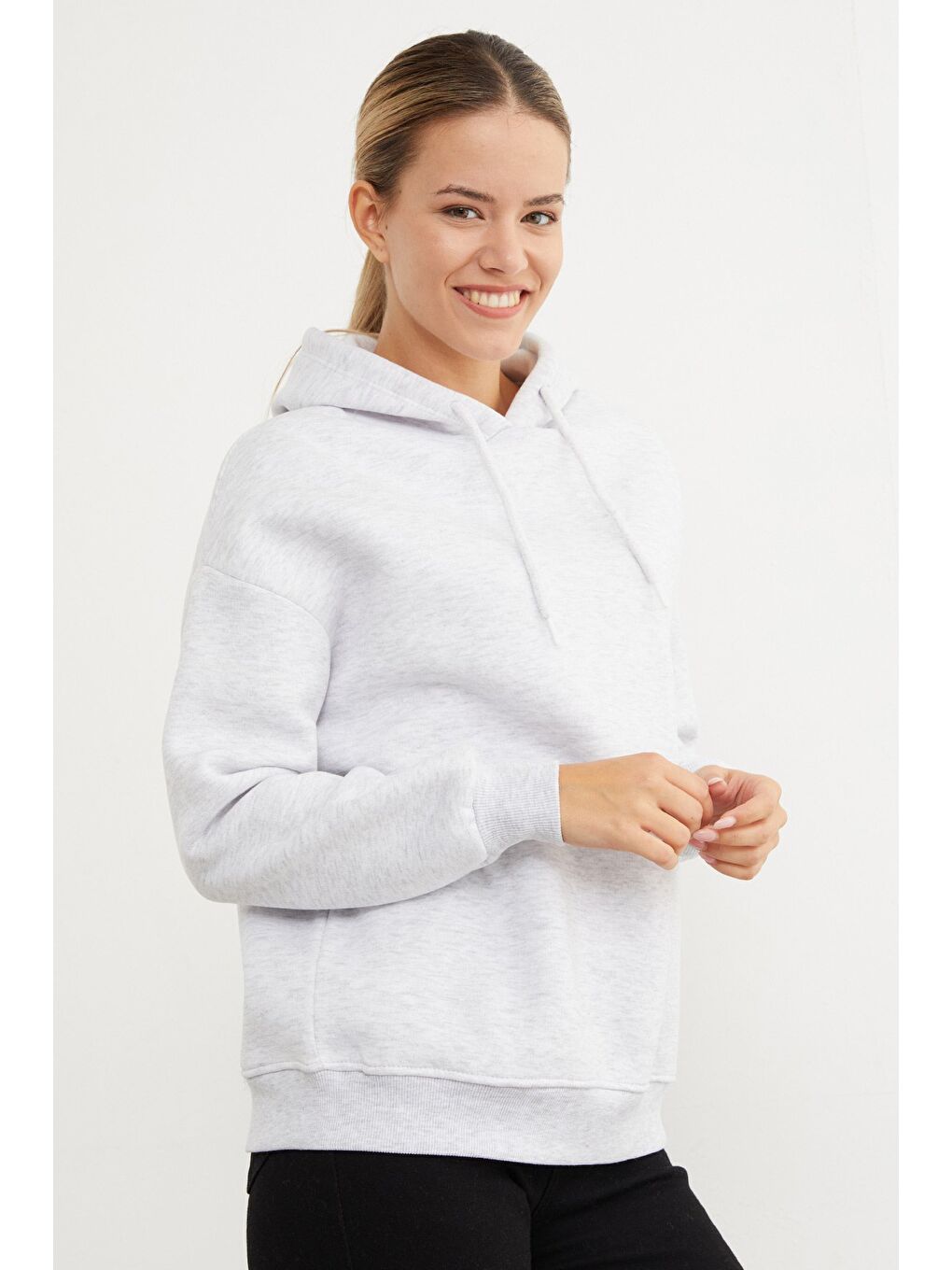 Gri 3 İplik Basic Oversize Kapüşonlu Sweatshirt-1