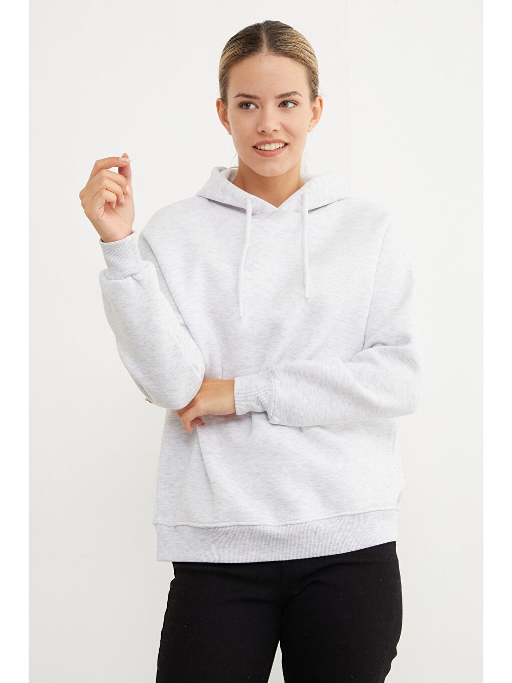 Gri 3 İplik Basic Oversize Kapüşonlu Sweatshirt-2
