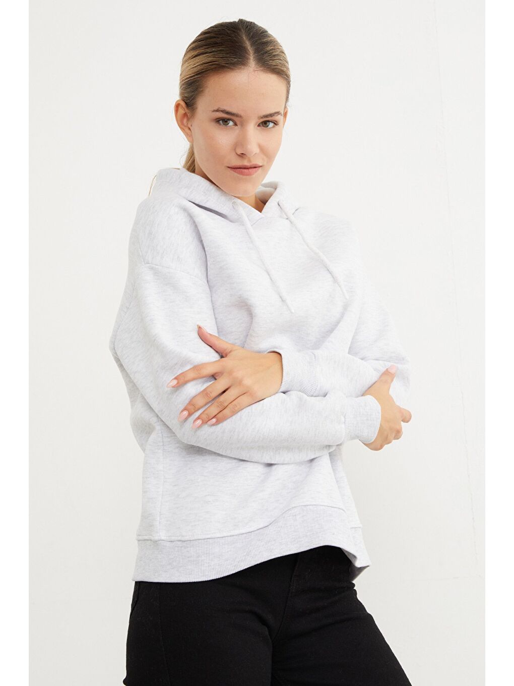 Gri 3 İplik Basic Oversize Kapüşonlu Sweatshirt-4