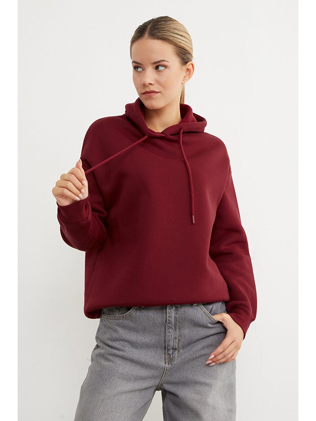Bordo 3 İplik Basic Oversize Kapüşonlu Sweatshirt-1