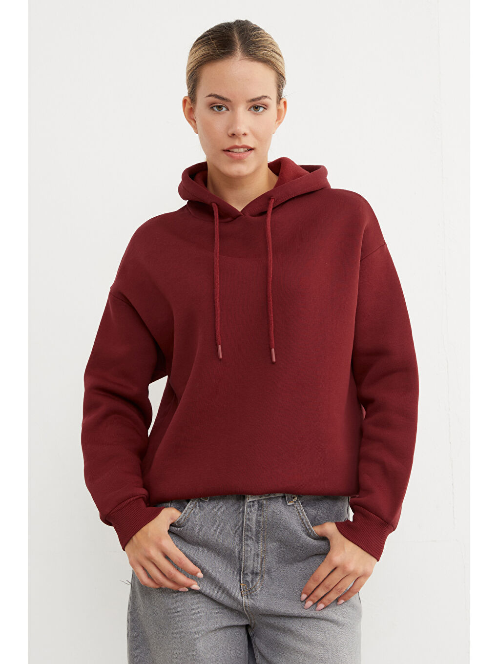 Bordo 3 İplik Basic Oversize Kapüşonlu Sweatshirt-2