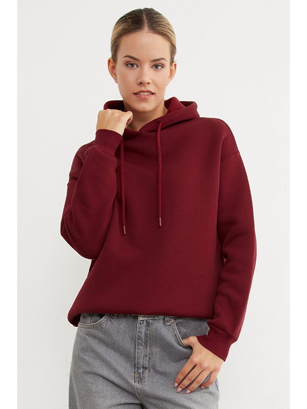 Bordo 3 İplik Basic Oversize Kapüşonlu Sweatshirt-3