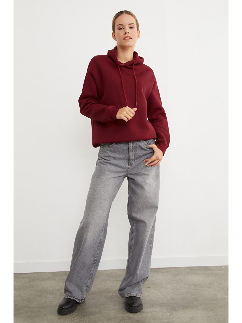 Bordo 3 İplik Basic Oversize Kapüşonlu Sweatshirt-4