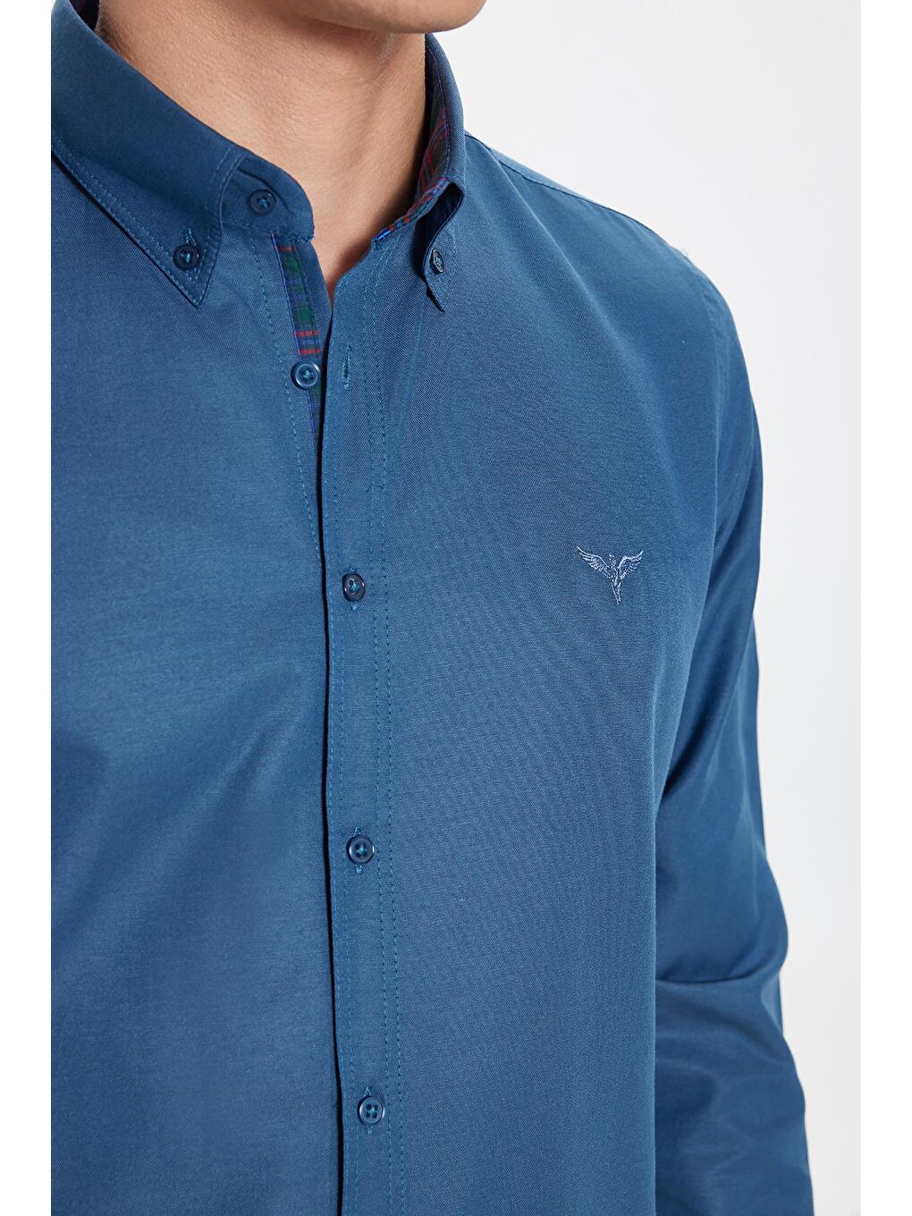 Erkek Slim Fit Dar Kesim Uzun Kollu Pamuklu Oxford Doku Lacivert Düğmeli Yaka Gömlek-2