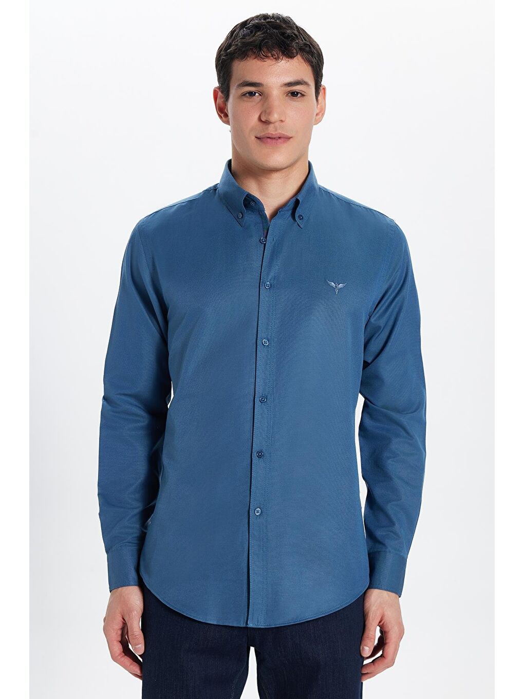 Erkek Slim Fit Dar Kesim Uzun Kollu Pamuklu Oxford Doku Lacivert Düğmeli Yaka Gömlek-3