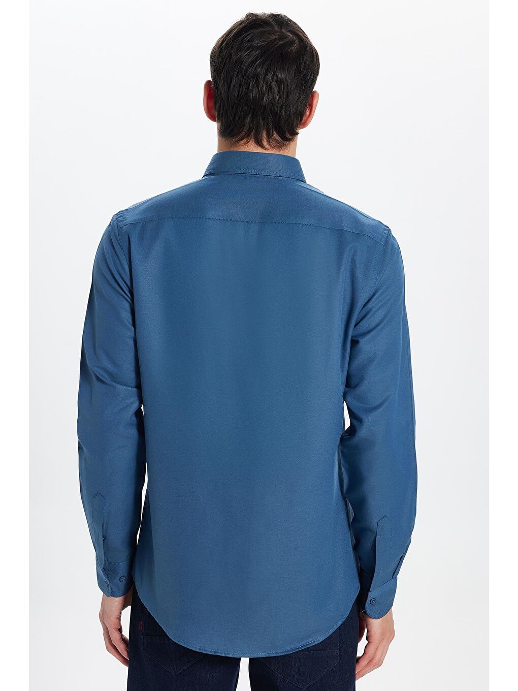 Erkek Slim Fit Dar Kesim Uzun Kollu Pamuklu Oxford Doku Lacivert Düğmeli Yaka Gömlek-4