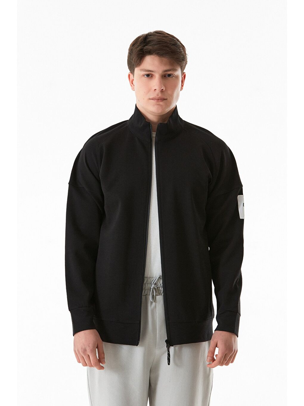 Siyah Basic Çift Cepli  Dik Yaka Fermuarlı Sweatshirt