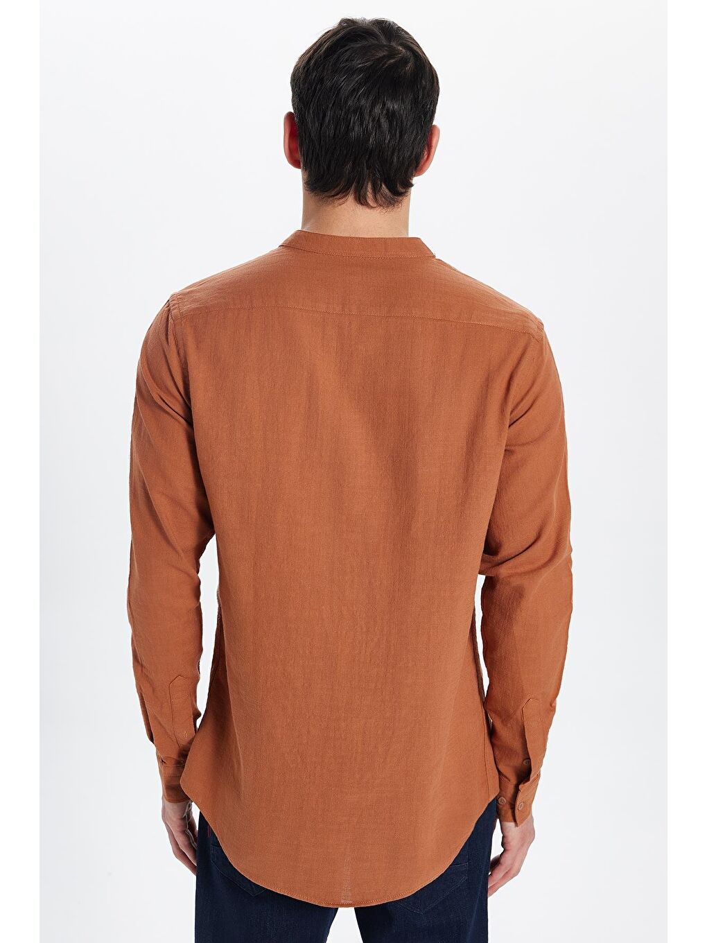 Kahverengi Erkek Slim Fit Dar Kesim Uzun Kollu %100 Pamuk Keten Doku Hakim Yaka Kiremit Renk Gömlek-4