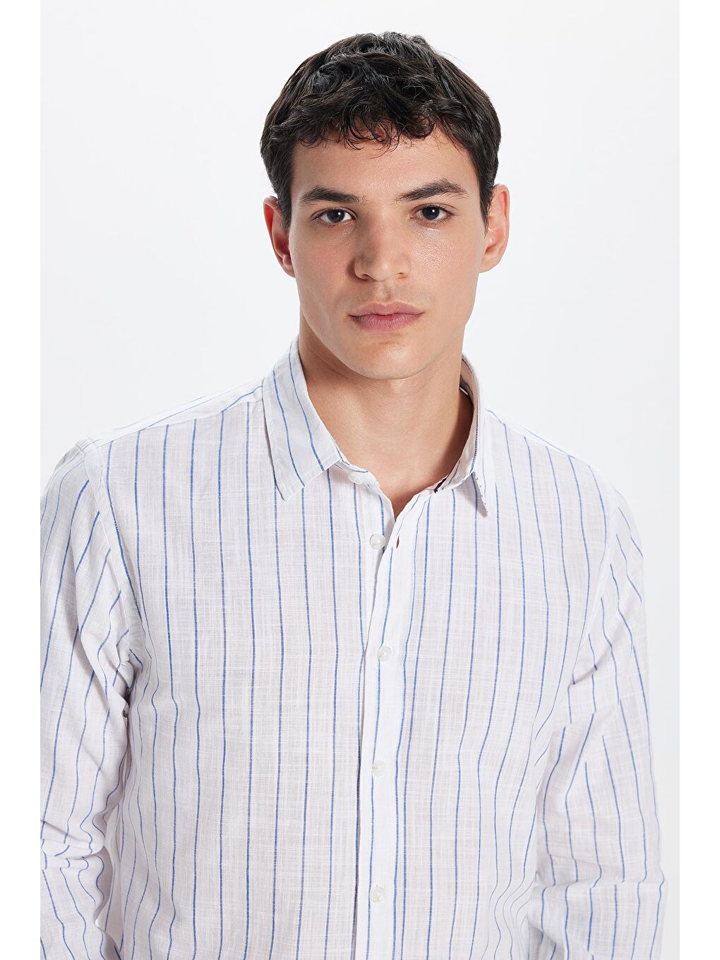 TUDORS Karişik Erkek Slim Fit Dar Kesim Uzun Kollu %100 Pamuk Keten Doku Çizgili Gömlek - 1