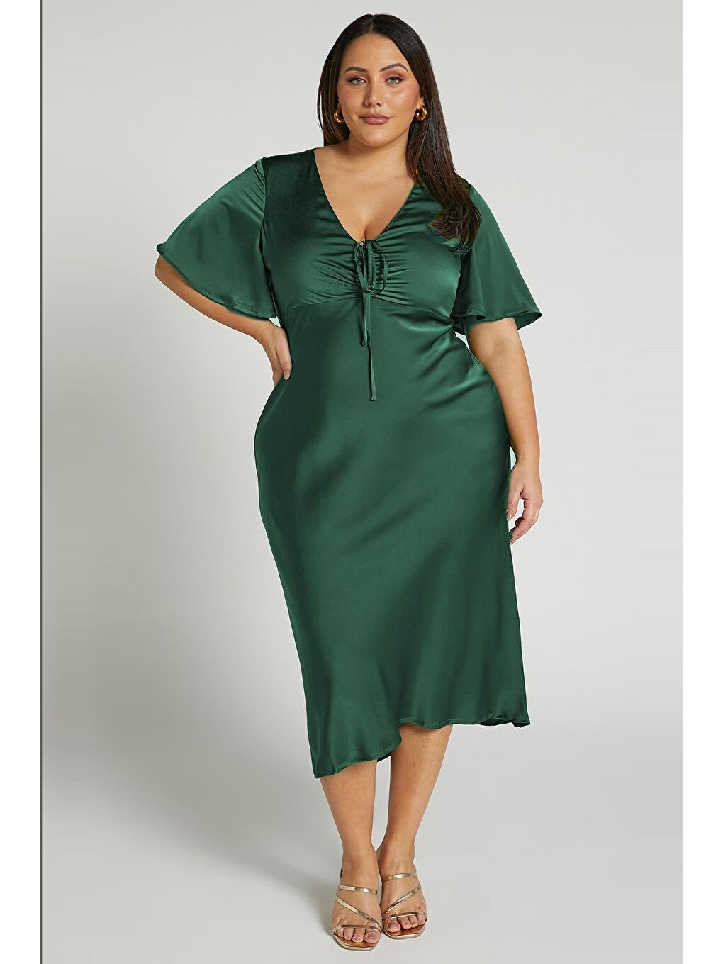 Yeşil Midi Boy Kısa Kollu Saten Elbise Mg2013-1