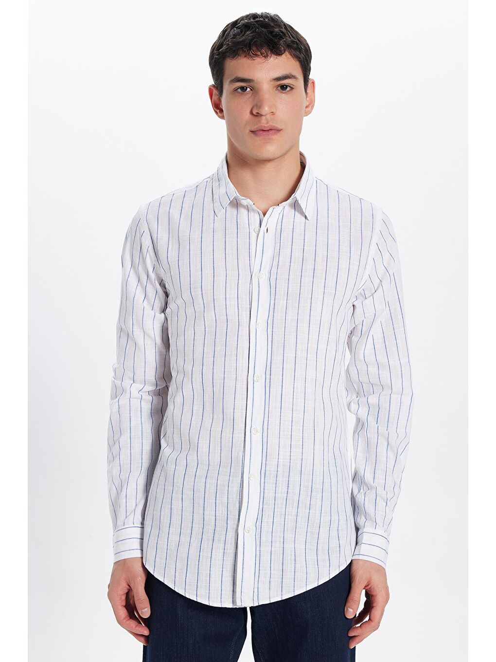 TUDORS Karişik Erkek Slim Fit Dar Kesim Uzun Kollu %100 Pamuk Keten Doku Çizgili Gömlek - 3