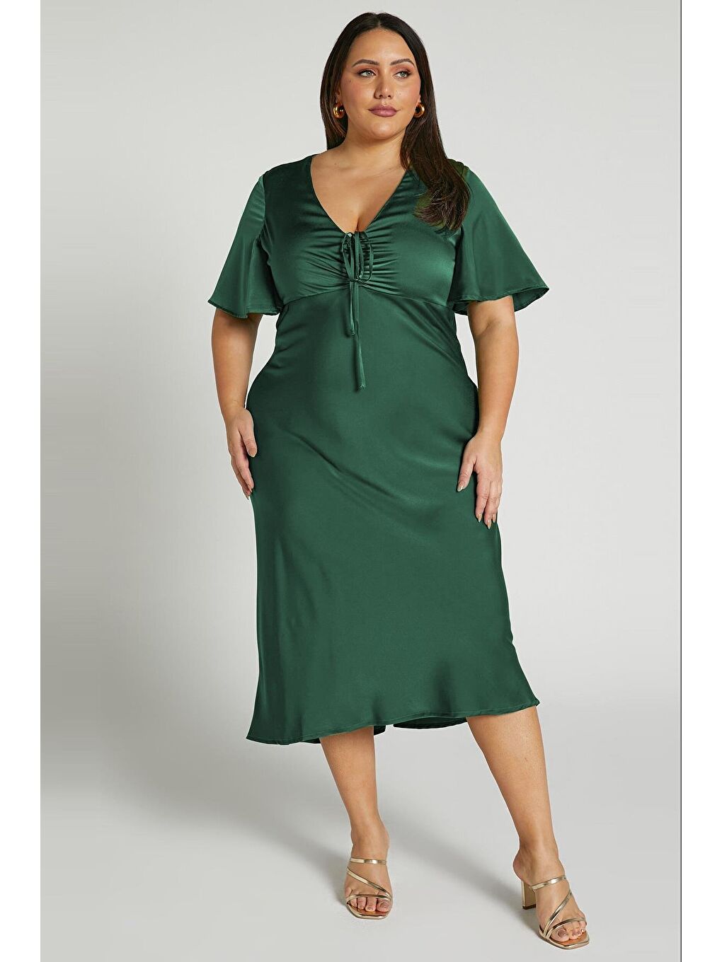 Yeşil Midi Boy Kısa Kollu Saten Elbise Mg2013-2