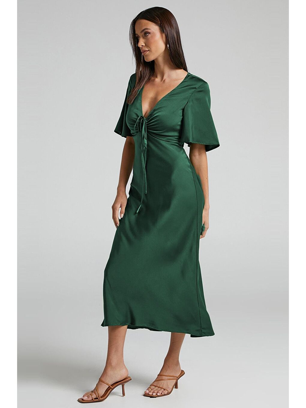 Yeşil Midi Boy Kısa Kollu Saten Elbise Mg2013-4