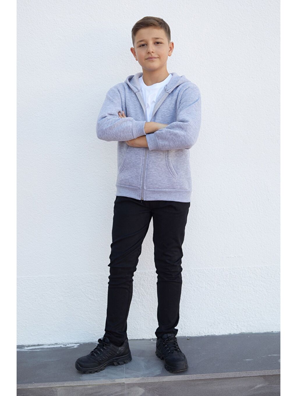 Gri Kapüşonlu Fermuarlı Unisex Çocuk Sweatshirt-1
