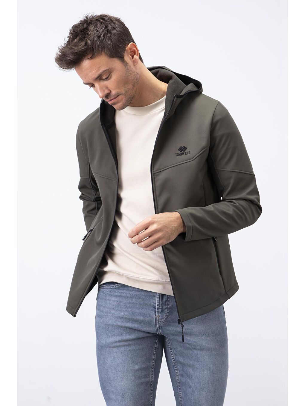 Haki Fermuarlı Kapüşonlu Su ve Rüzgar Geçirmez Softshell Erkek Mont - 88051-2