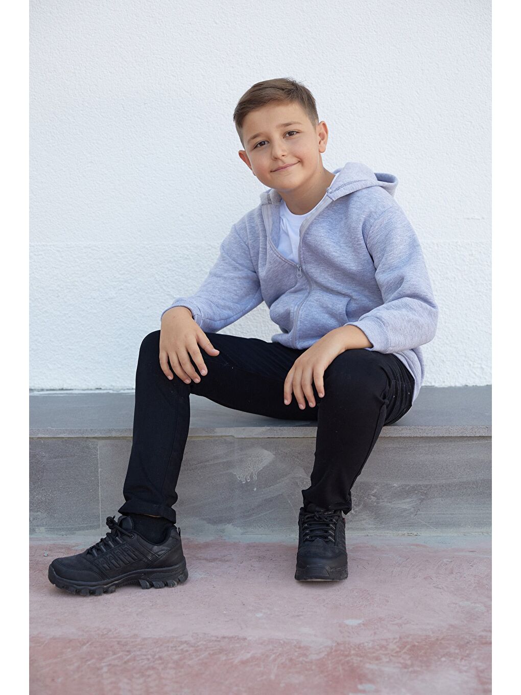 Gri Kapüşonlu Fermuarlı Unisex Çocuk Sweatshirt-3