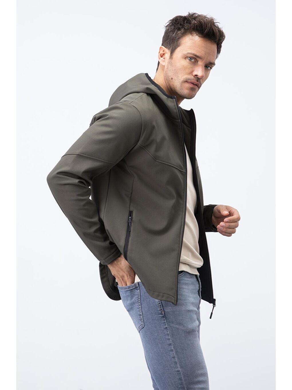 Haki Fermuarlı Kapüşonlu Su ve Rüzgar Geçirmez Softshell Erkek Mont - 88051-4