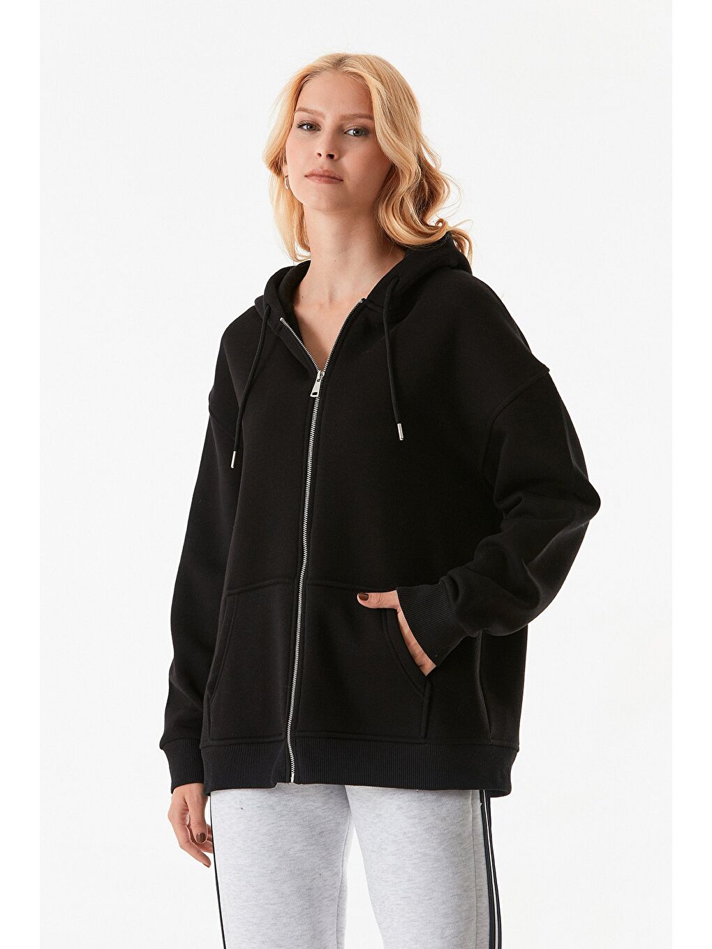 Siyah 3 İplik Basic Fermuarlı Kapüşonlu Oversize Sweatshirt-4