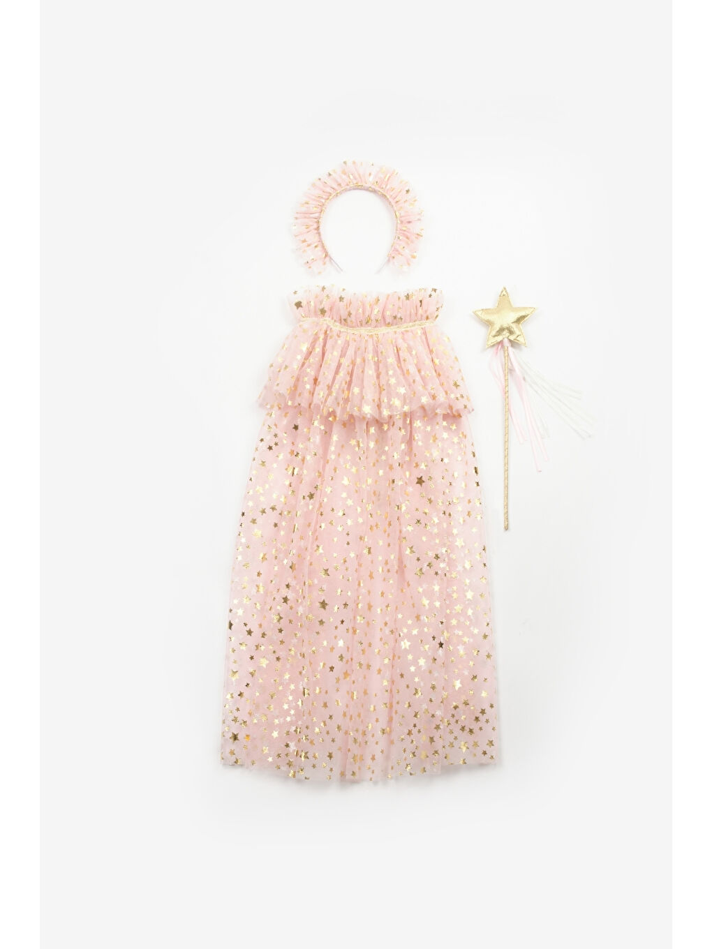 Pembe Pudra Yıldız Baskılı Kız Çocuk Yıldızlı Pelerin Asa ve Taç Set-1