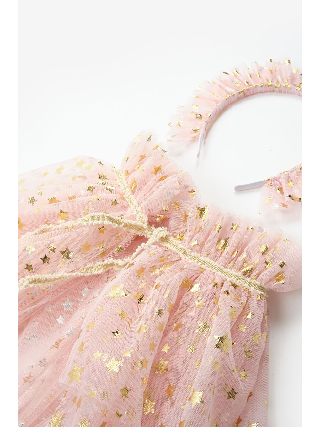Pembe Pudra Yıldız Baskılı Kız Çocuk Yıldızlı Pelerin Asa ve Taç Set-2