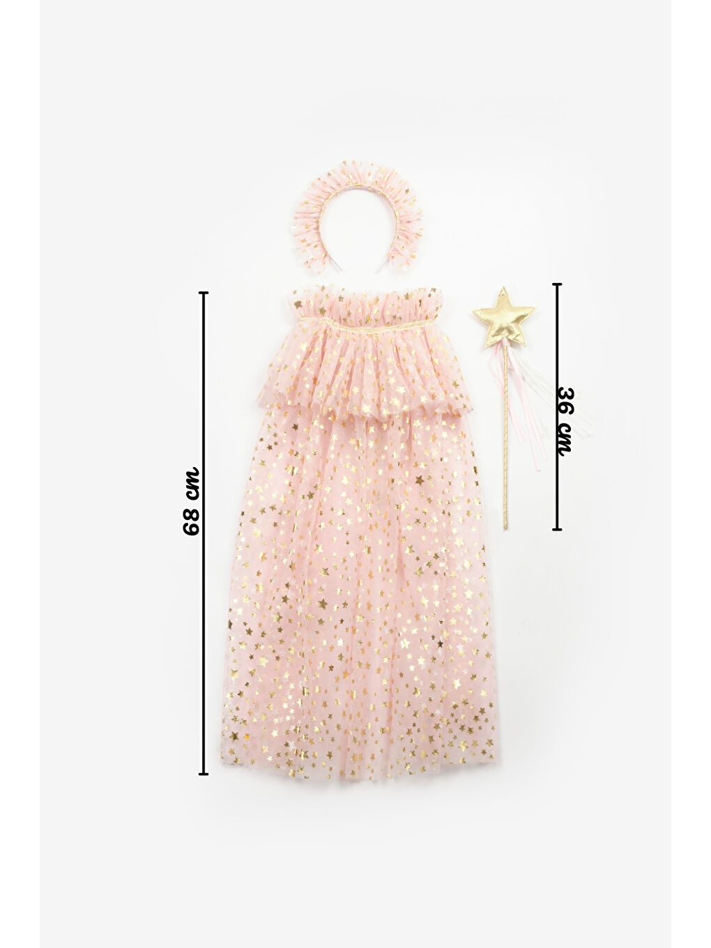 Pembe Pudra Yıldız Baskılı Kız Çocuk Yıldızlı Pelerin Asa ve Taç Set-3