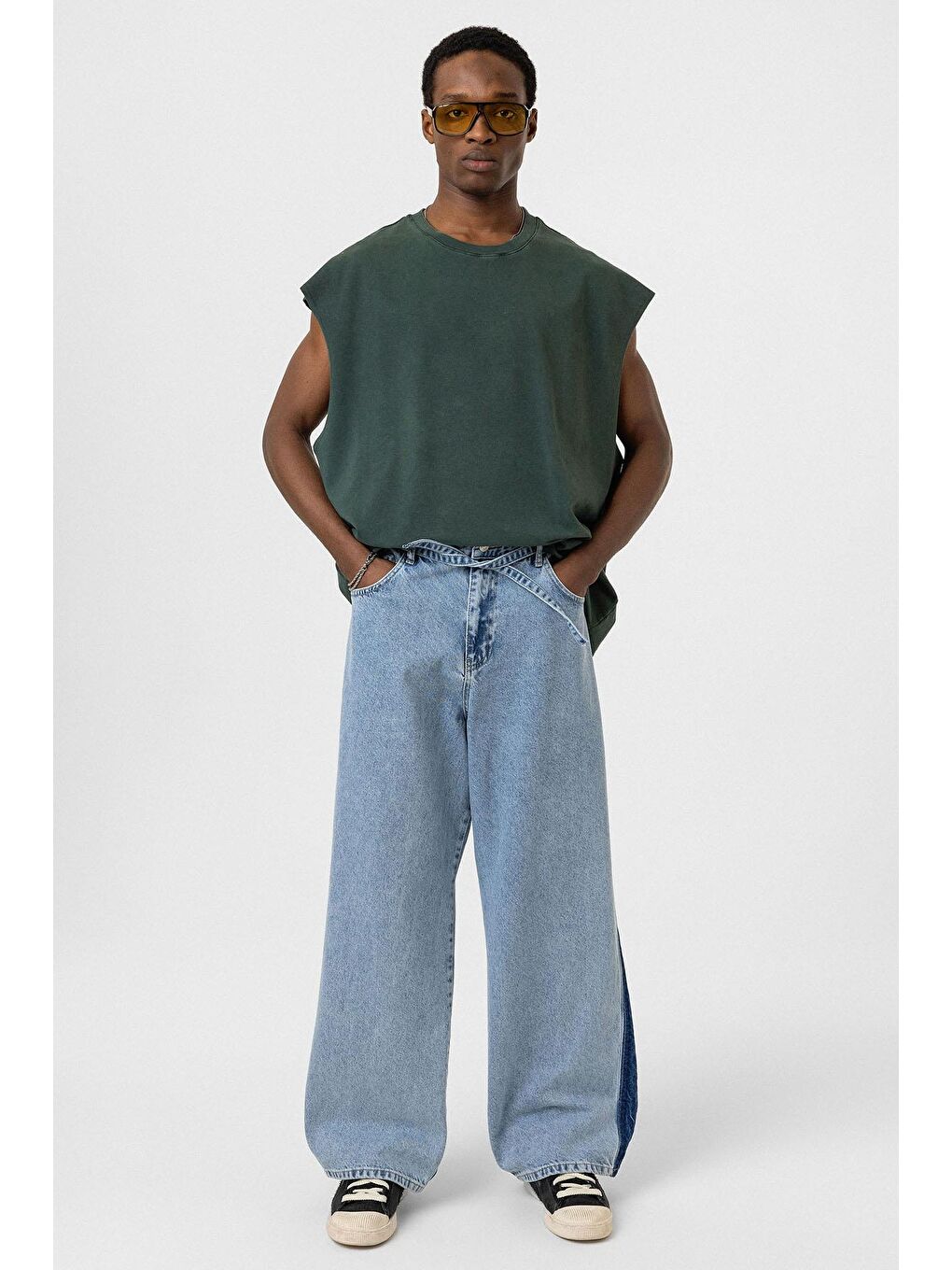 Yıkamalı Oversize Kolsuz Tişört Yeşil