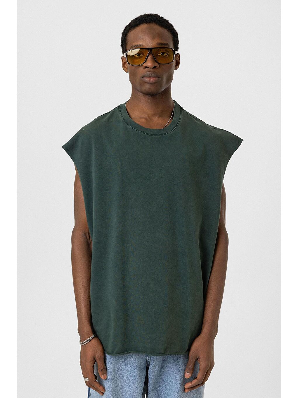 Yıkamalı Oversize Kolsuz Tişört Yeşil-2