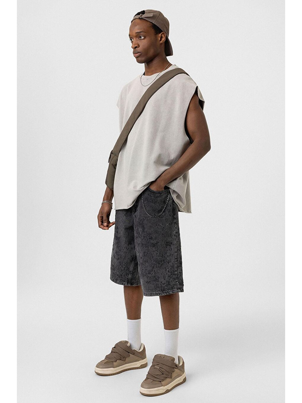 Bej Yıkamalı Oversize Kolsuz Tişört Taş-6