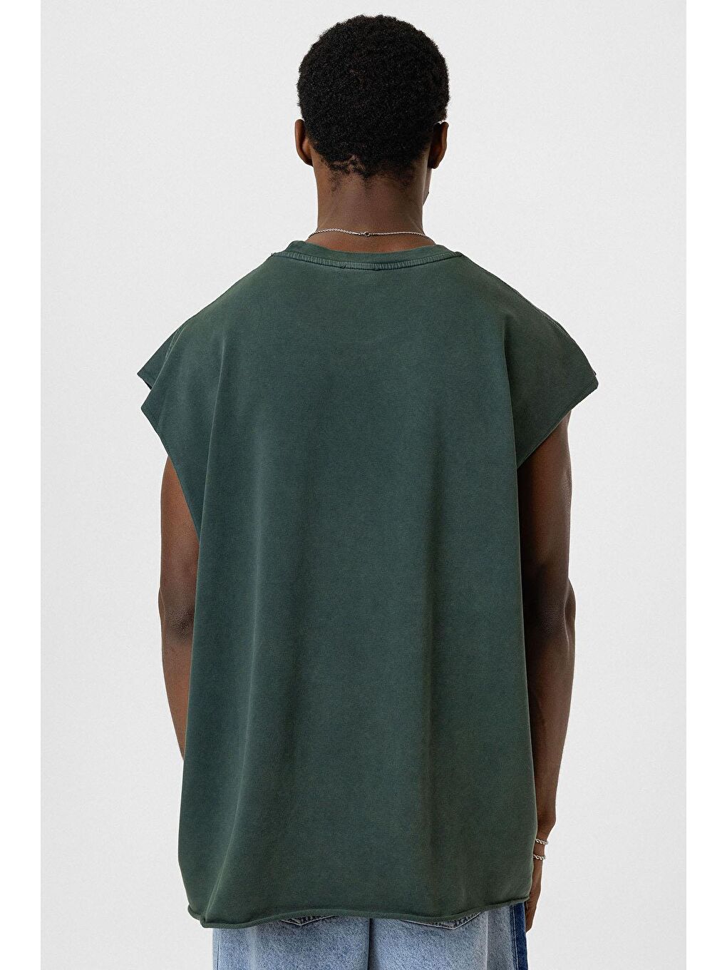 Yıkamalı Oversize Kolsuz Tişört Yeşil-4
